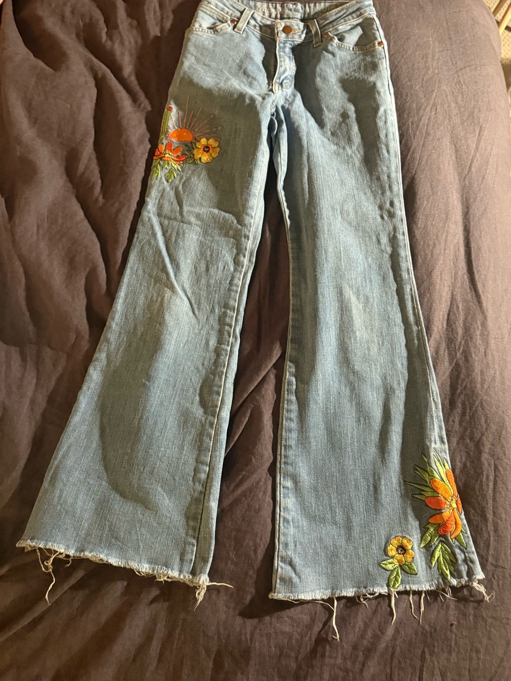 Light Blue Floral Embroidered Flare Jeans